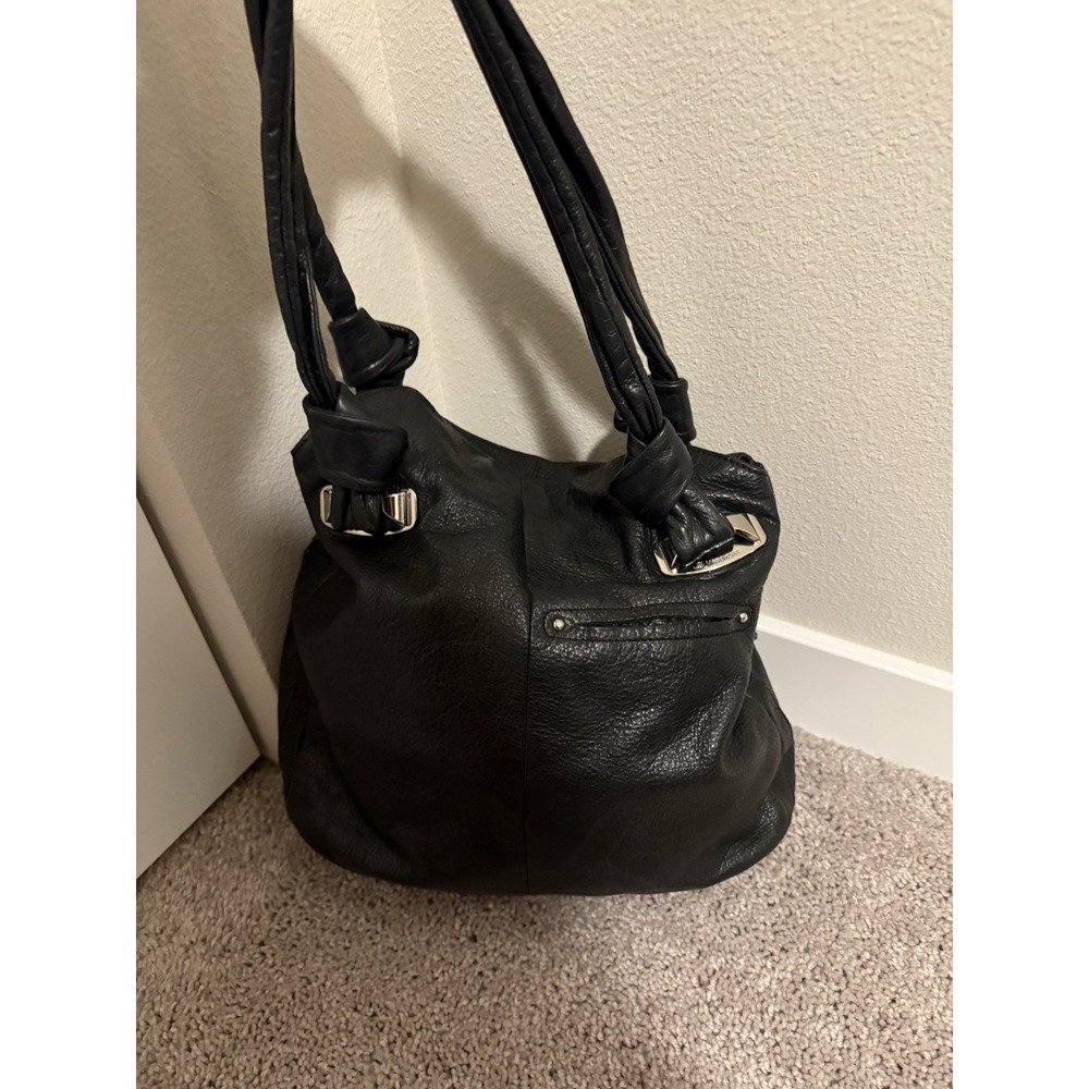 B. Makowsky Black Pebbled Leather Multi Pocket Hobo Bag Y2K Boho Shoulder Purse - Picture 6 of 9
